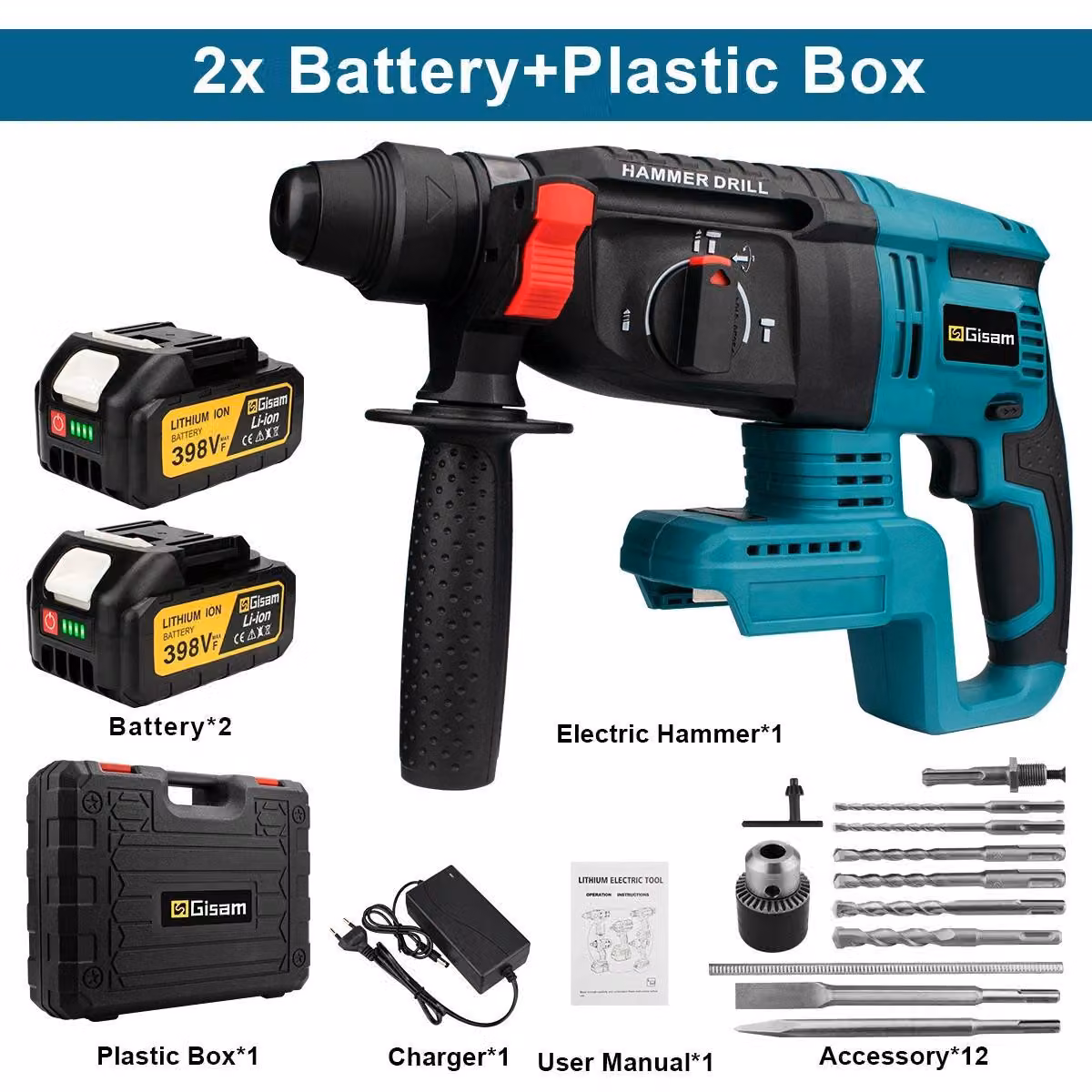 Martello perforatore da 26 mm - Martello perforatore a batteria da 18 V - Motore brushless - 3500 giri/min - 2 batterie - Valigetta in plastica - Colore argento