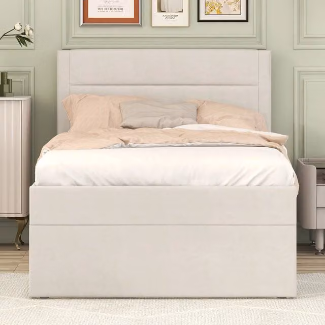Letto singolo 90 × 200 cm con vano sottoletto, senza materasso, imbottito in lino beige con struttura stabile