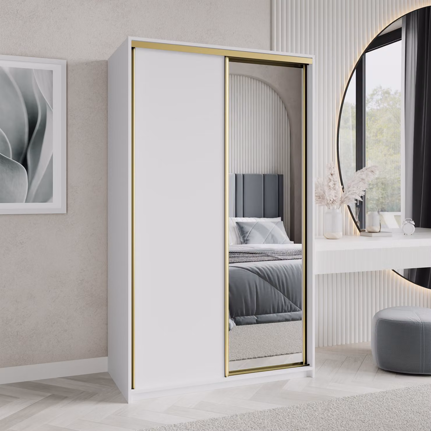 Armadio scorrevole Masseno TAVI 120/205/60 cm Armadio con cassetti Armadio per camera da letto a 2 ante con specchio Bianco + Oro
