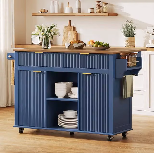 Isola cucina mobile con piano ribaltabile, 2 cassetti e 2 ante