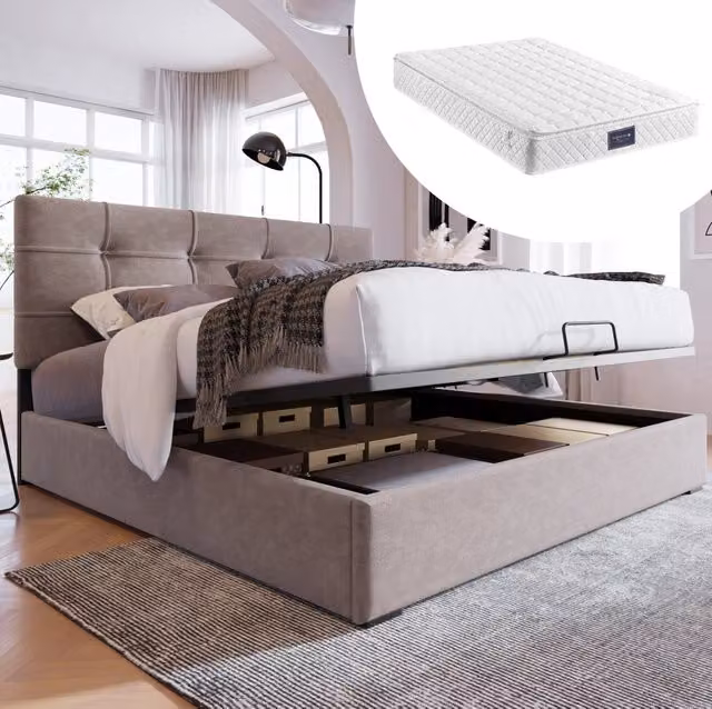 Letto matrimoniale 140x200 cm in velluto grigio chiaro con contenitore e materasso H3