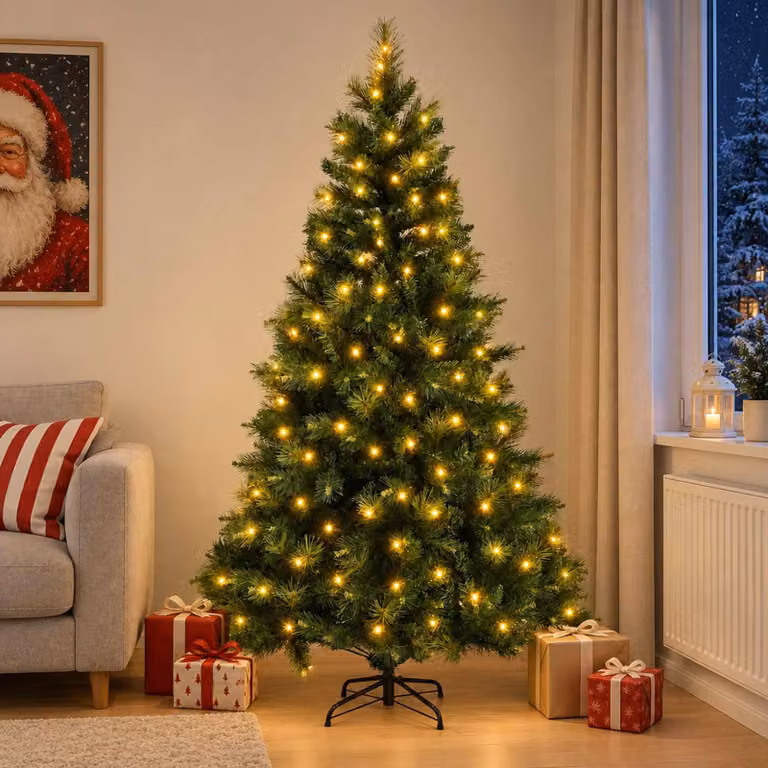 Albero di Natale artificiale pieghevole, altezza 180 cm, con 300 luci a LED