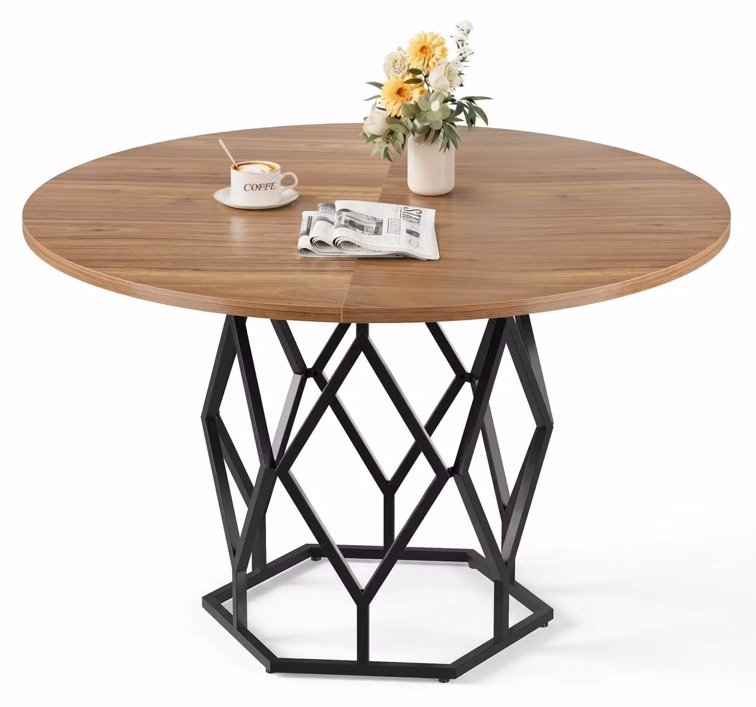 Tavolo rotondo da pranzo - Tavolo da cucina da 120 cm - Adatto per 4-6 persone - Struttura in metallo con gambe in ferro a forma di diamante - Piano in legno dal design industriale - Colore: verde kaki scuro