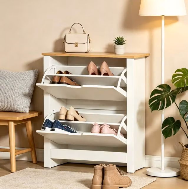Armadio Slim per Scarpe in Truciolato E1 con Finitura Rovere e Bianco, 72x26x80 cm