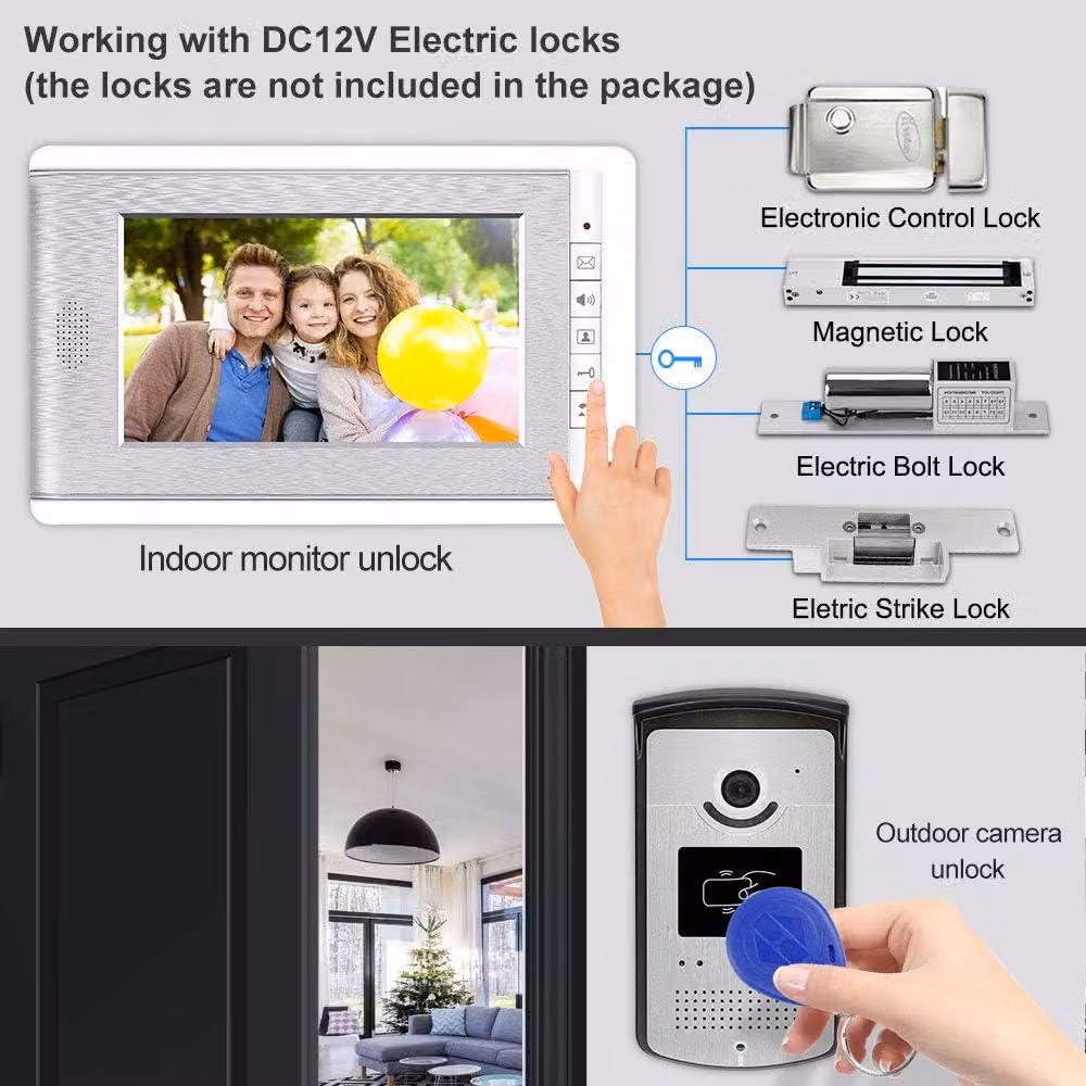 Monitor per citofono video con controllo accessi RFID, telecamera, schermi TFT a colori da 7 pollici, supporto per sblocco EM e 10 portachiavi Bluetooth blu