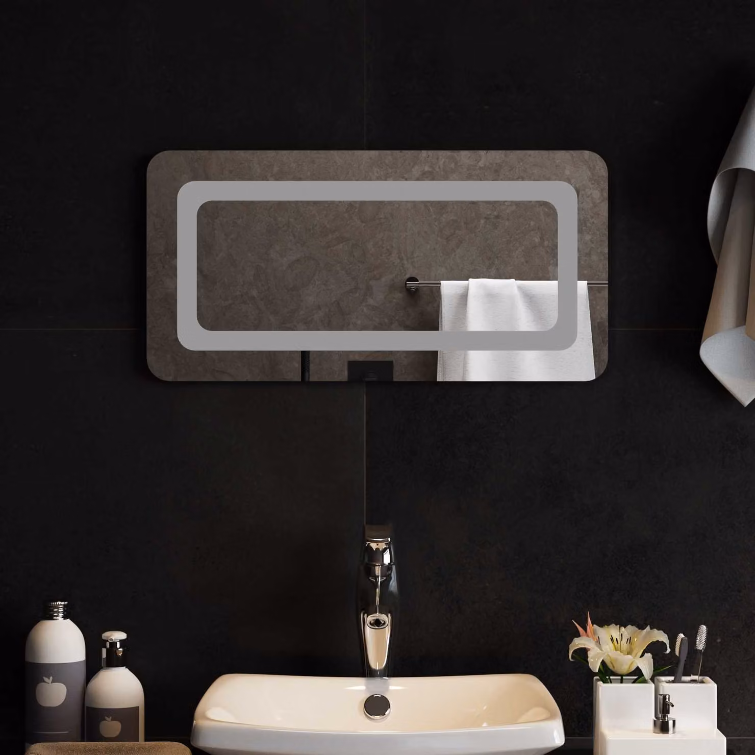 Specchio da bagno moderno vidaXL con luce LED, vetro temperato, colore grigio, L: 60 cm, H: 30 cm