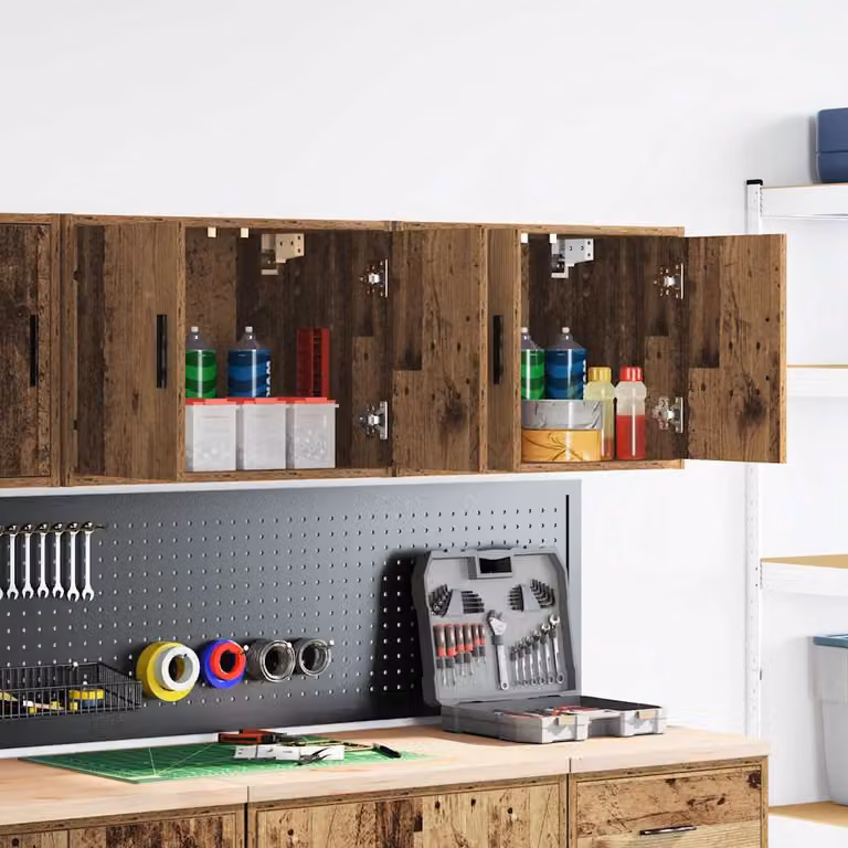 Set di 2 pensili da garage vidaXL in legno multistrato e MDF stile industriale, colore marrone, con ante a battente e ripiani interni, da appendere a parete
