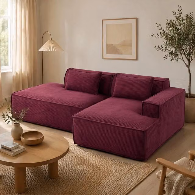 Divano angolare 233x129x70 cm rosso scuro con 2 cuscini, tessuto in poliestere