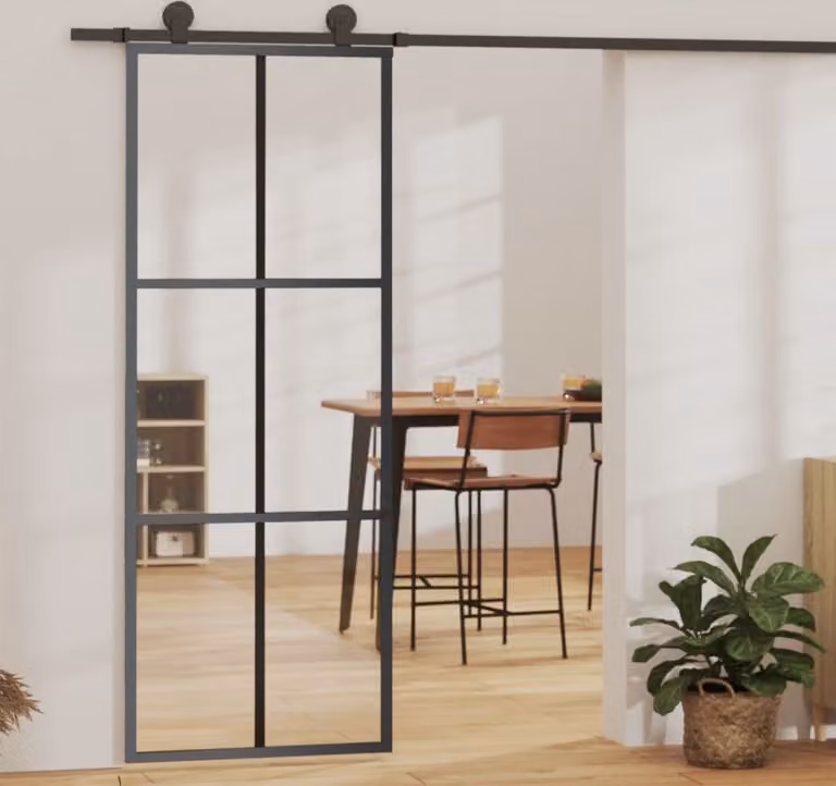 The Living Store Porta scorrevole ESG in vetro e alluminio 76x205 cm Nero