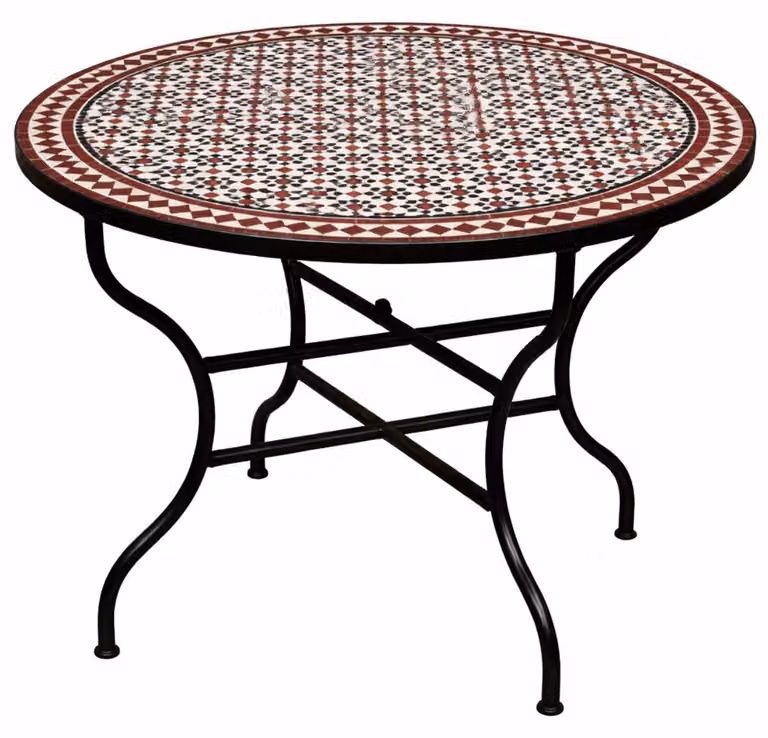 ORIGINALE Tavolo da giardino a mosaico marocchino ø 100cm grande rotondo pieghevole | tavolo da pranzo rotondo pieghevole a mosaico Mediterraneo | come tavolo pieghevole per balcone o giardino | (Albaicin Nero Bianco Bordeaux)