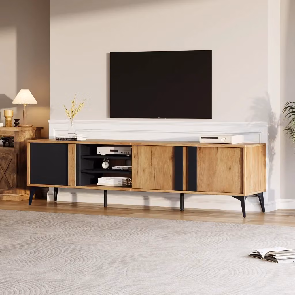 Mobile TV Lowboard MINIMAL in stile rustico marrone e nero con ante, vano aperto e passacavi, L: 180 cm, P: 40 cm, H: 50 cm – 2