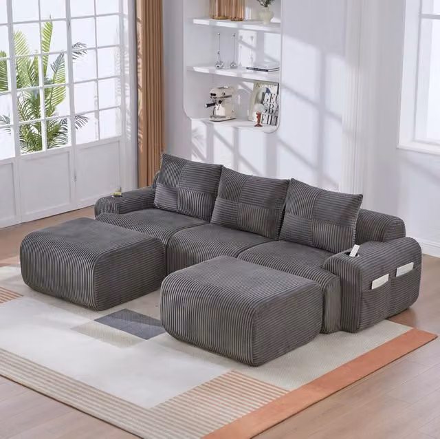 Divano modulare a 3 posti in corduroy con portabicchieri e tasca laterale; grigio scuro 268x174x66 cm