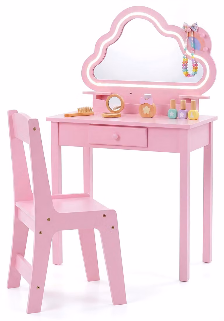 Tavolino da trucco per bambini, tavolino da trucco per bambine, tavolino da parrucco con sedia, specchio, cassetto, ripiani e ganci, tavolino cosmetico per bambine dai 3 anni in su, colore rosa