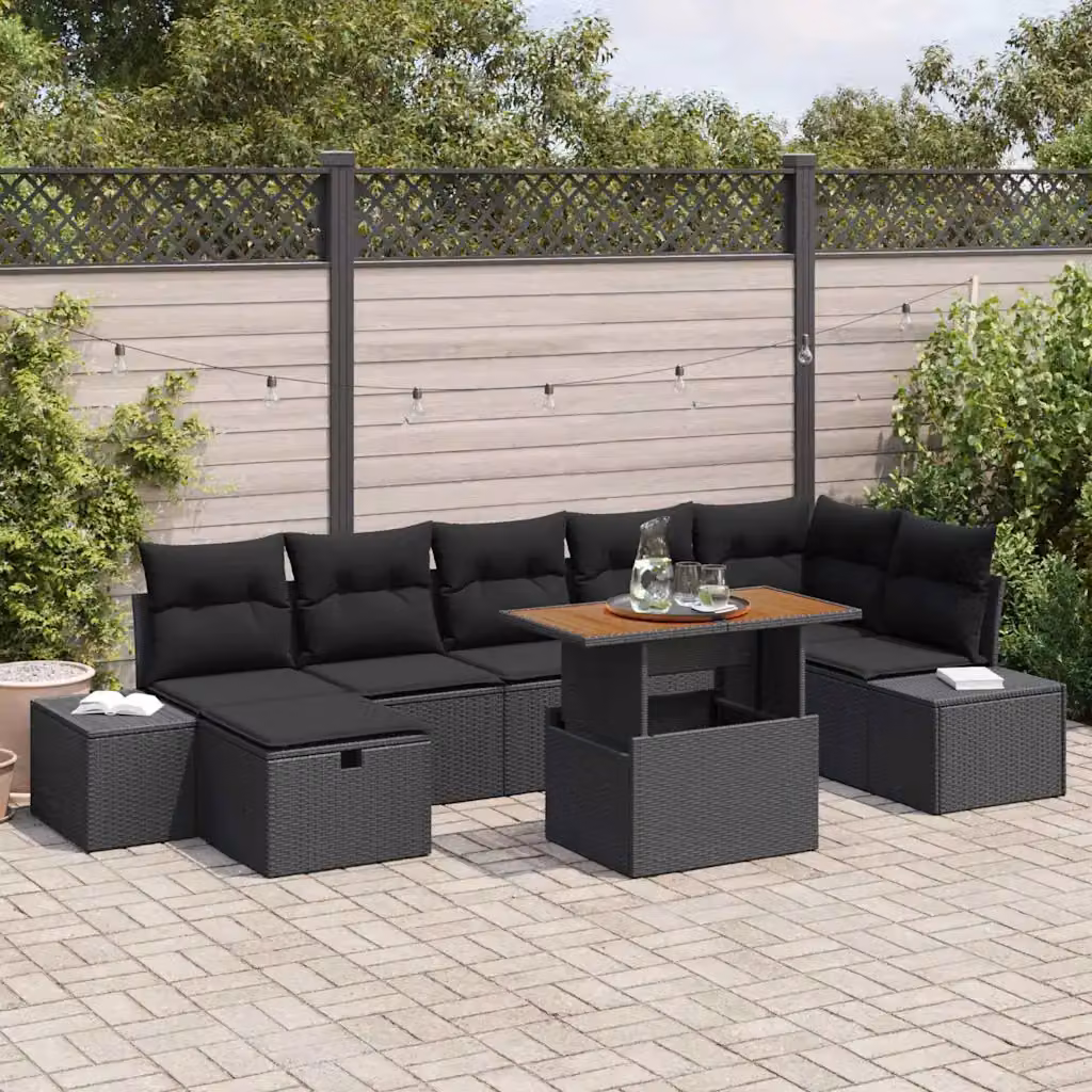 Set Divano da Giardino vidaXL 8 Pezzi in Polyrattan Nero con Cuscini e Tavolino da Esterno – 1