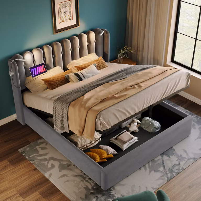 Letto imbottito Sweiko letto matrimoniale luce di lettura con funzione di caricamento testiera spazio di archiviazione telaio letto velluto giovane 160x200 con rete a doghe, grigio (senza materasso)