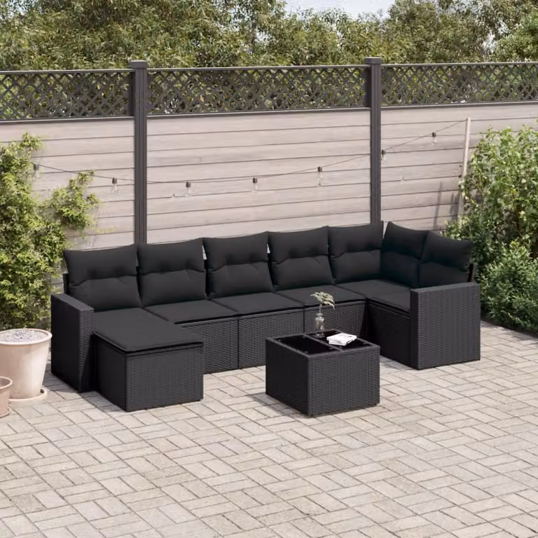 Set di divani da giardino vidaXL a forma di L con cuscini nero in polyrattan e struttura in acciaio
