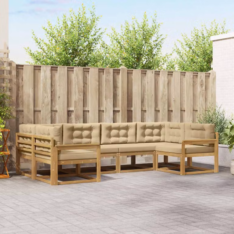 Set di divani da esterno vidaXL a forma di L in legno di acacia con cuscini, 6 pezzi, Bianco e Beige