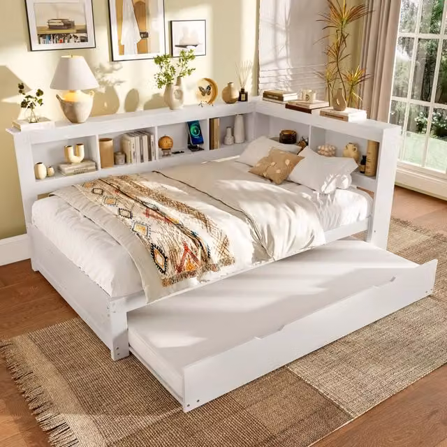 Letto divano a 3 posti 140 × 200 cm, letto estraibile, 2 cassetti, presa e 2 USB, senza materasso, bianco