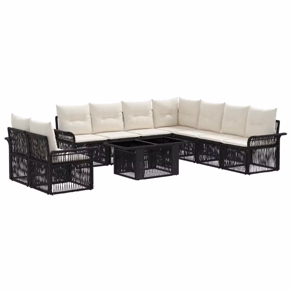 Set Divano da Giardino Moderno vidaXL in Polyrattan Nero e Bianco con Cuscini e Tavolino da Caffè in Vetro – 2