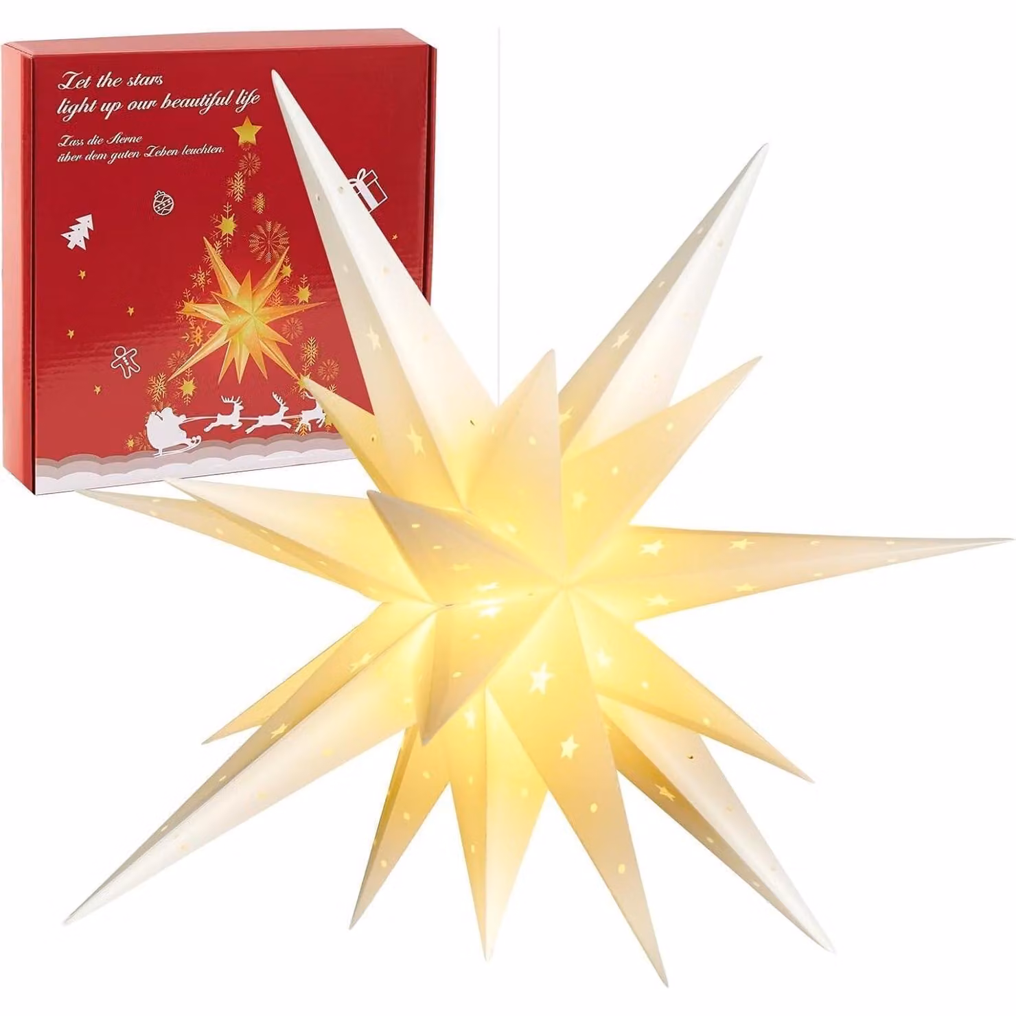 Stella di Natale illuminata a batteria con timer, altezza 58 cm, decorazione natalizia da appendere per esterni, stella LED 3D, adatta per interni ed esterni