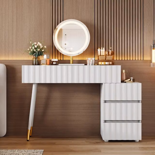 Toeletta Hollywood LED con specchio e 5 cassetti REDOM, bianco lucido, L 100 cm x P 40 cm x H 127 cm