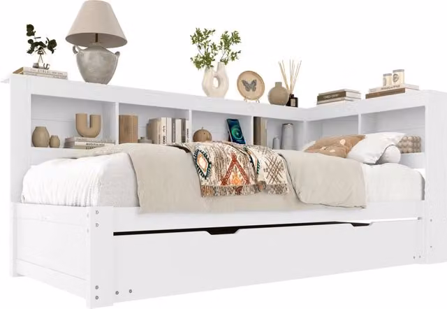 Letto divano moderno in legno e tessuto bianco con letto estraibile, ripiani laterali e porte USB, L/P/H: 90 x 200 x 56 cm – 1