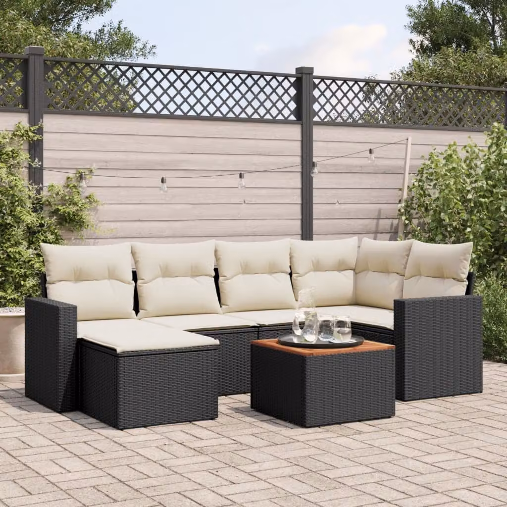 Set Divani da Giardino a L vidaXL in Polyrattan Nero con 7 Cuscini Imbottiti e Tavolino – 1