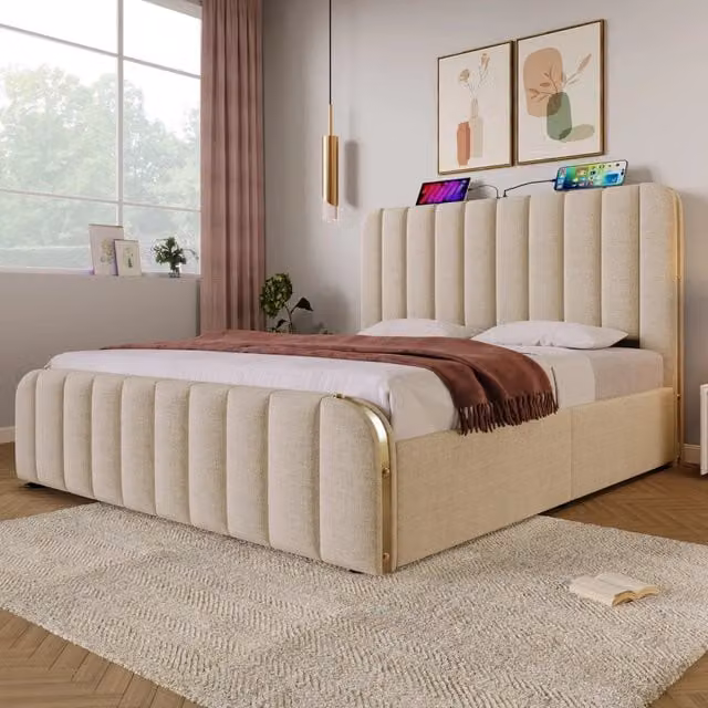 Letto Contenitore REDOM in Lino Beige con Ricarica USB e Type-C, L/P: 160 x 200 cm