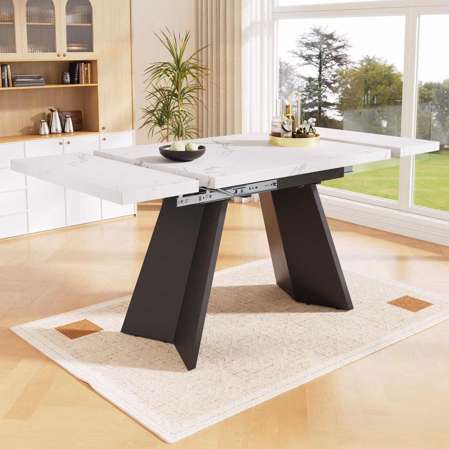 Tavolo da pranzo allungabile Aosom con sistema telescopico in acciaio al carbonio e MDF, Bianco e Nero, L: 159 cm, P: 74 cm, H: 77 cm – 2