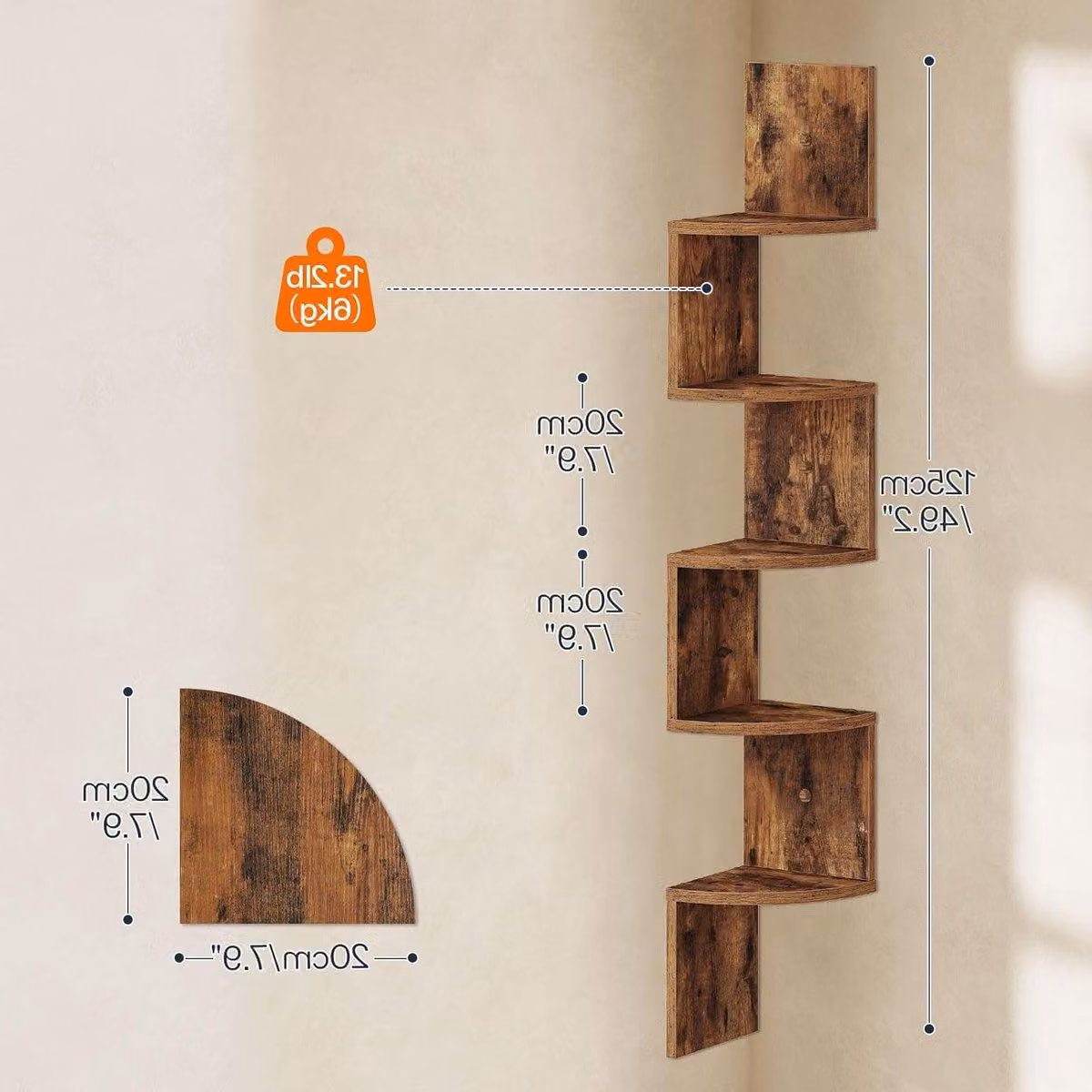 Set di 2 mensole angolari, scaffali a muro dal design moderno con 5 ripiani, caratterizzati da un originale motivo a zig-zag per ottimizzare lo spazio in soggiorno, camera da letto e sala da pranzo