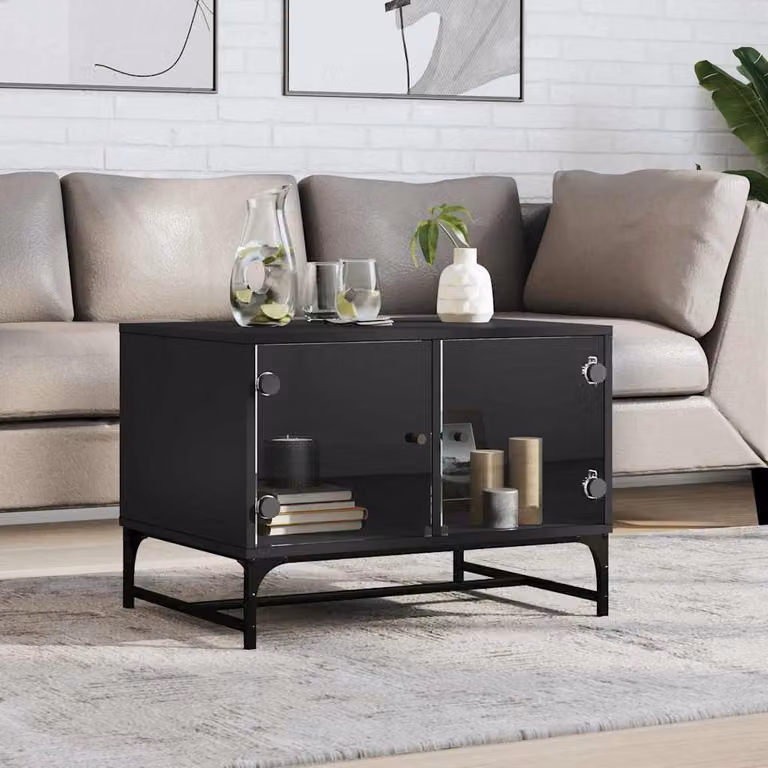 vidaXL Tavolino da Salotto Moderno con Ante in Vetro Nero L: 68,5 cm, P: 50 cm, H: 50 cm