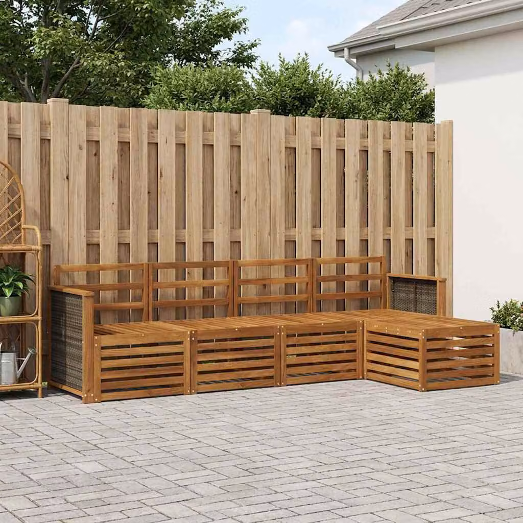 Set di divani da esterno vidaXL a forma di L in legno di acacia marrone con pouf, 5 pezzi
