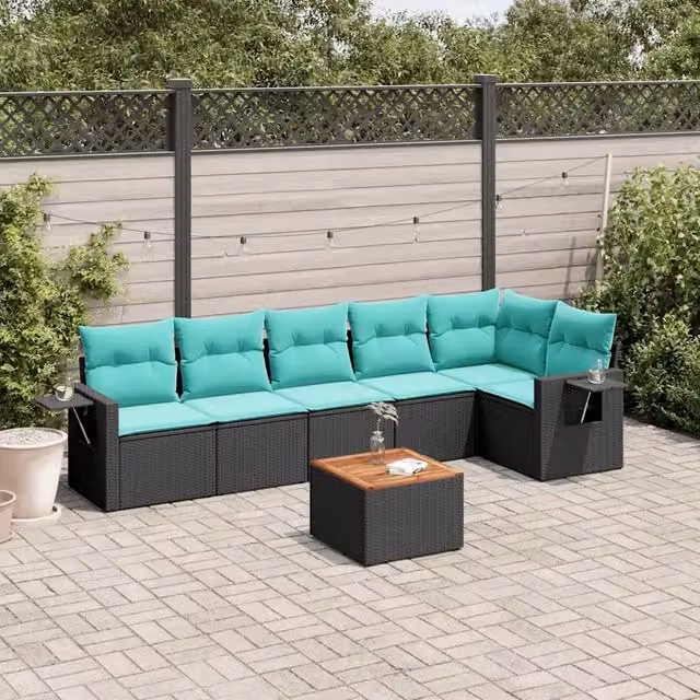 Set da giardino a forma di L vidaXL composto da 7 pezzi in polyrattan con cuscini e tavolino da esterno nero – 1