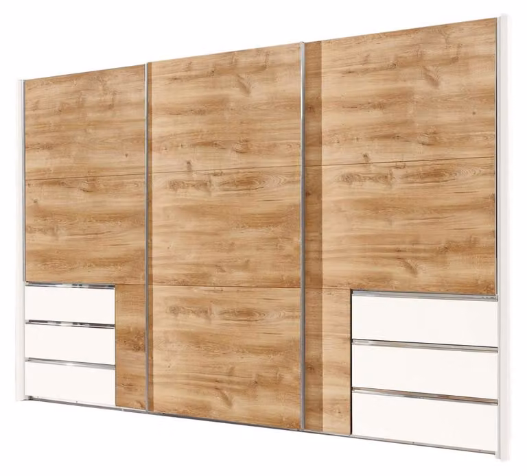 Armadio a muro con ante scorrevoli, a 3 ante, con cassetti, in legno di rovere/bianco, 300x65x236cm