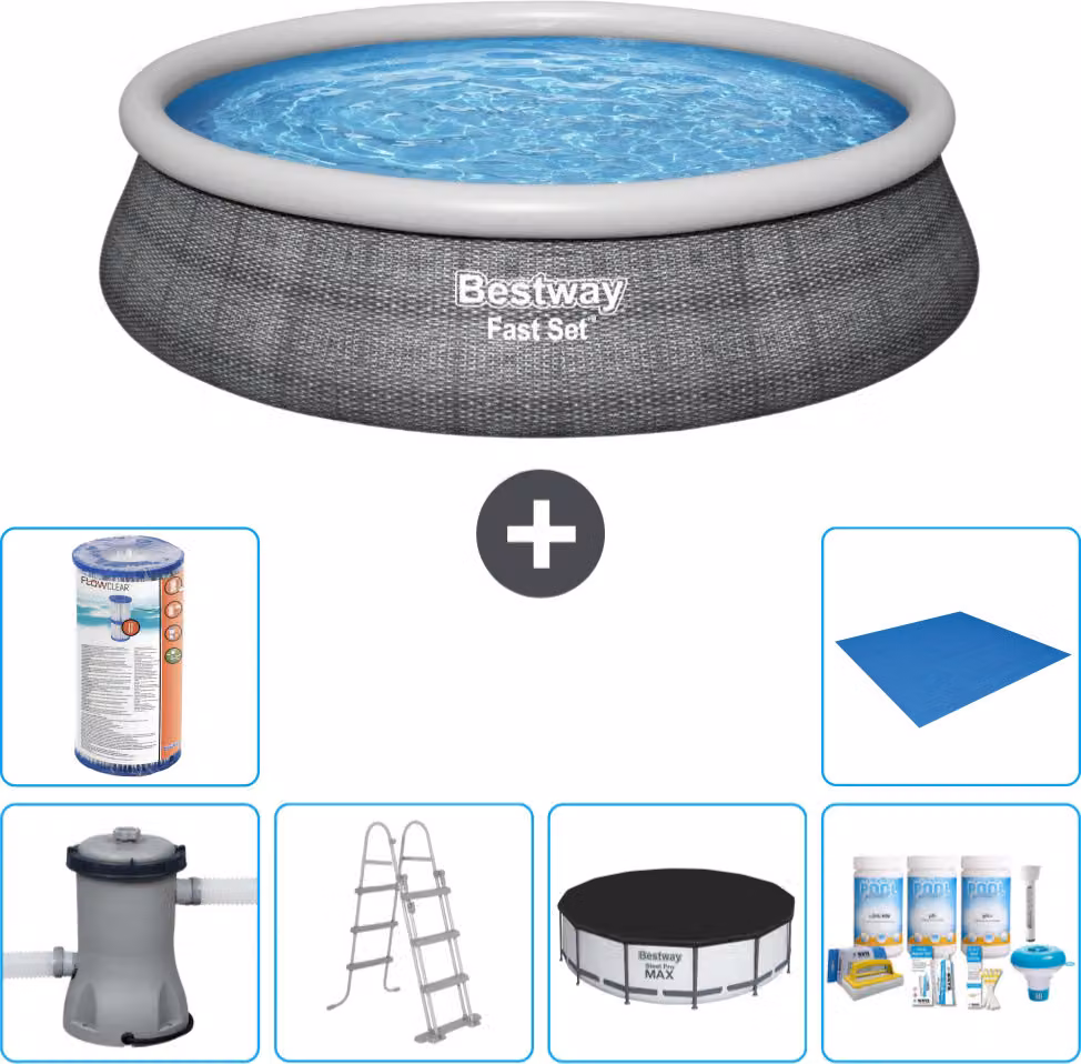 Piscina gonfiabile rotonda Bestway Fast-Set - stampa rattan - 457 x 107 cm - inclusa pompa - copertura della scala - pacchetto manutenzione - filtro - telo di fondo