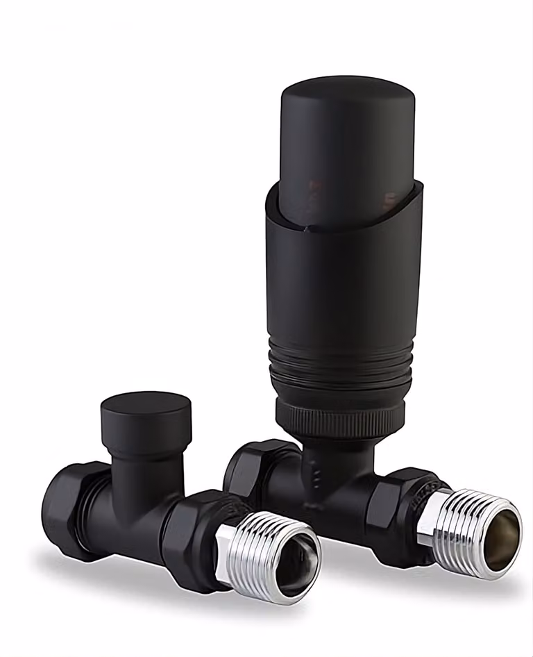 Set di valvole per termosifoni, 15 mm x 1/2 pollice, composto da valvola termostatica e raccordo di ritorno, colore nero opaco, per impianti di riscaldamento
