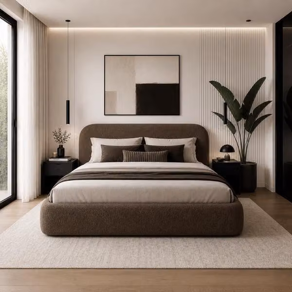 Letto imbottito Sofello, tessuto bouclé color marrone effetto orsetto, 160x200 cm, rete a doghe in legno, materasso