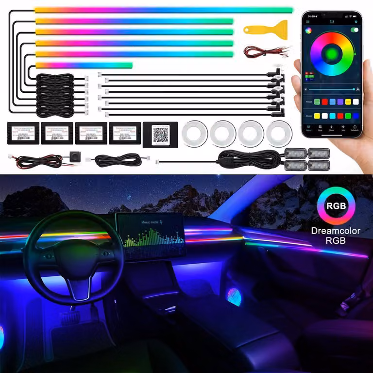 Illuminazione interna per auto a LED, RGB, controllo tramite app, 175 pollici, 593 LED, con attivazione tramite suono