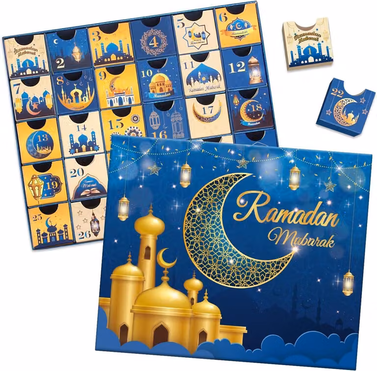 Calendario dell'Avvento per il Ramadan con scomparti - 30 scatole vuote per 30 giorni - Calendario del conto alla rovescia per l'Eid Mubarak - Scatola regalo Ramadan riutilizzabile - Arte islamica
