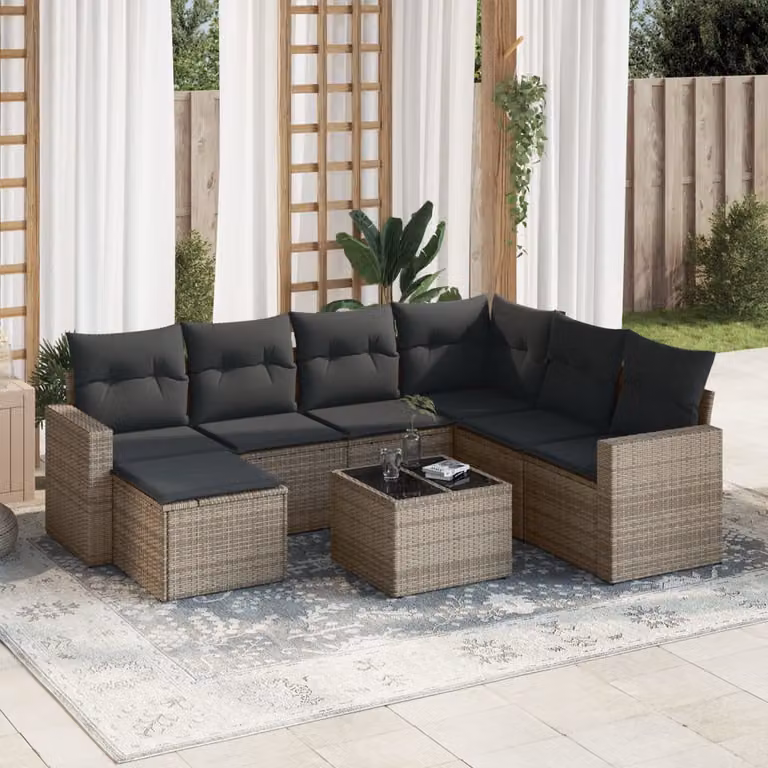 vidaXL Set Divano da Giardino 8 pz a L in Polyrattan Grigio con Cuscini e Tavolino