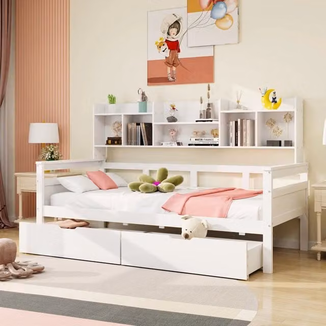 Letto divano singolo OKWISH bianco con 2 cassetti e ripiani, L/P/H: 205 x 90 x 96 cm