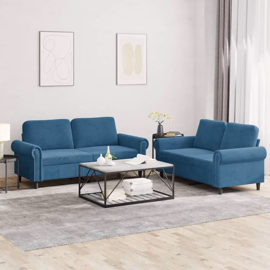 Set di 2 Divani vidaXL in Velluto Blu con Cuscini per Soggiorno Moderno – 1