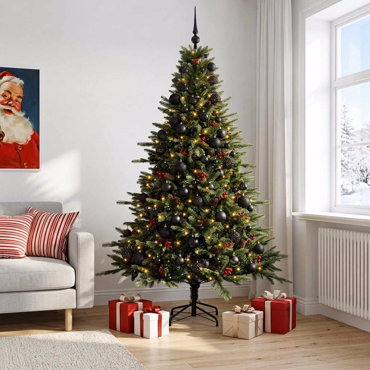 Albero di Natale artificiale verde vidaXL con 300 LED luce bianca calda e decorazioni con palline, Altezza: 180 cm