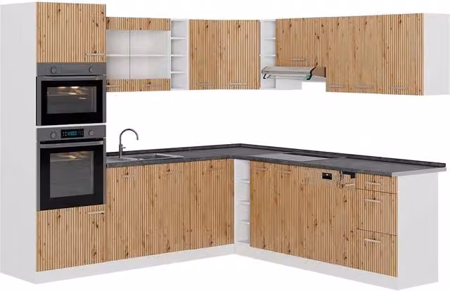 Cucina angolare moderna Vicco R-Line in rovere e bianco con piano antracite L: 247 cm, P: 60 cm, H: 237 cm