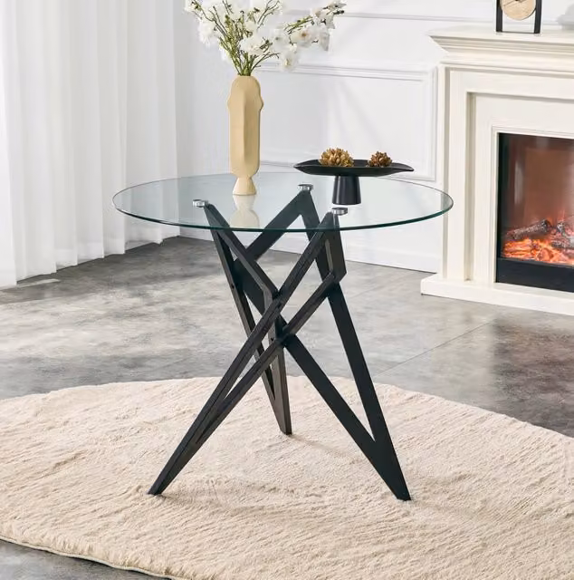 Tavolino basso rotondo Ø 85 cm nero; vetro temperato e metallo con base geometrica