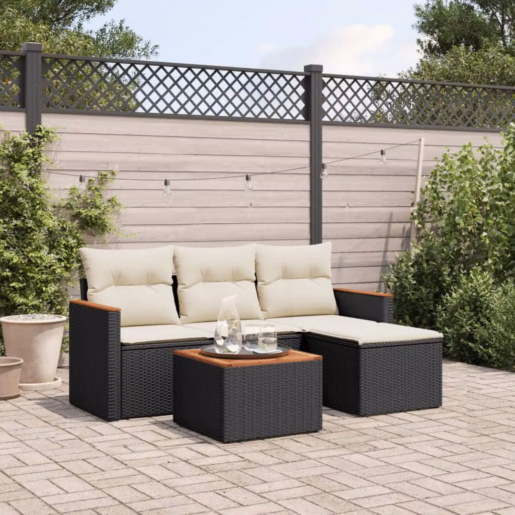 Set Divani da Giardino vidaXL 5 pz a Forma a L con Cuscini, Tavolino e Pouf, Polyrattan e Metallo, Nero e Bianco – 1