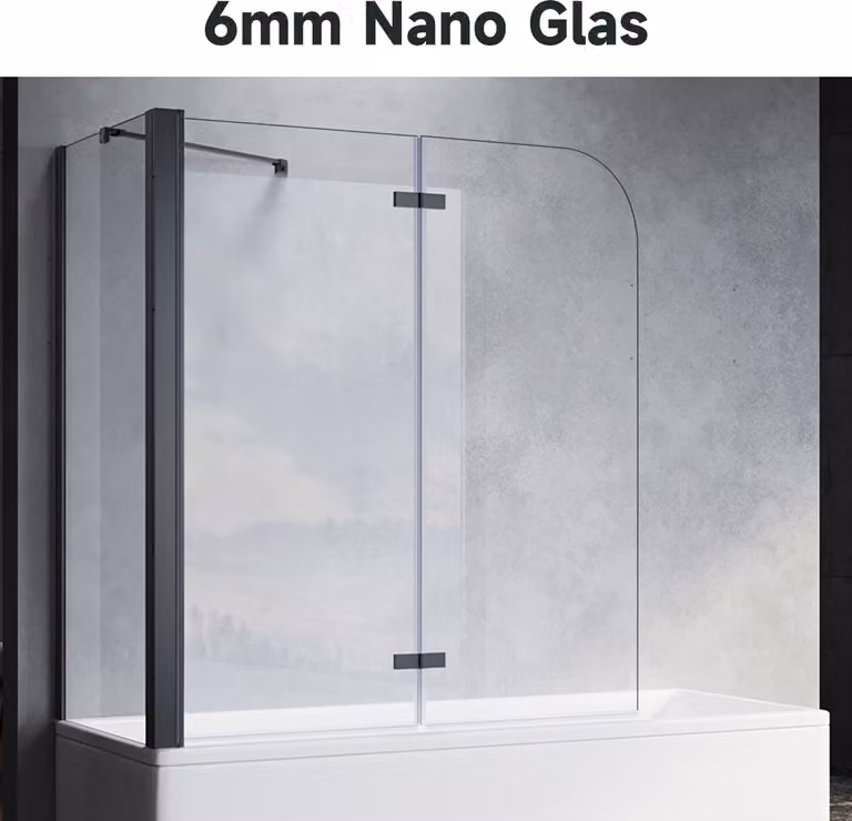 SONNI Attacco per vasca pieghevole nero 120x140cm NANO glass ESG 6mm Cabina doccia per vasca con pannello laterale 70x140 cm