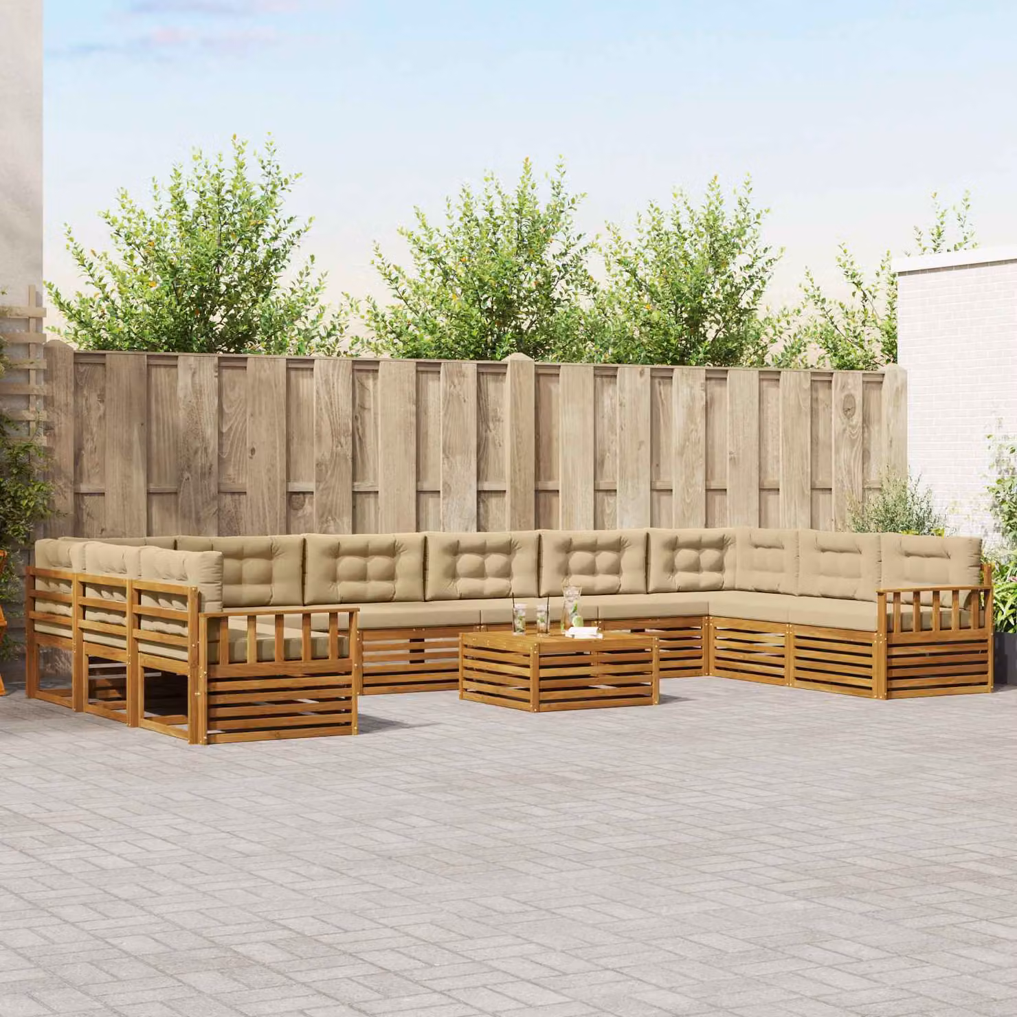 Set di divani da giardino vidaXL in legno di acacia massello, 11 pezzi, Naturale e Beige