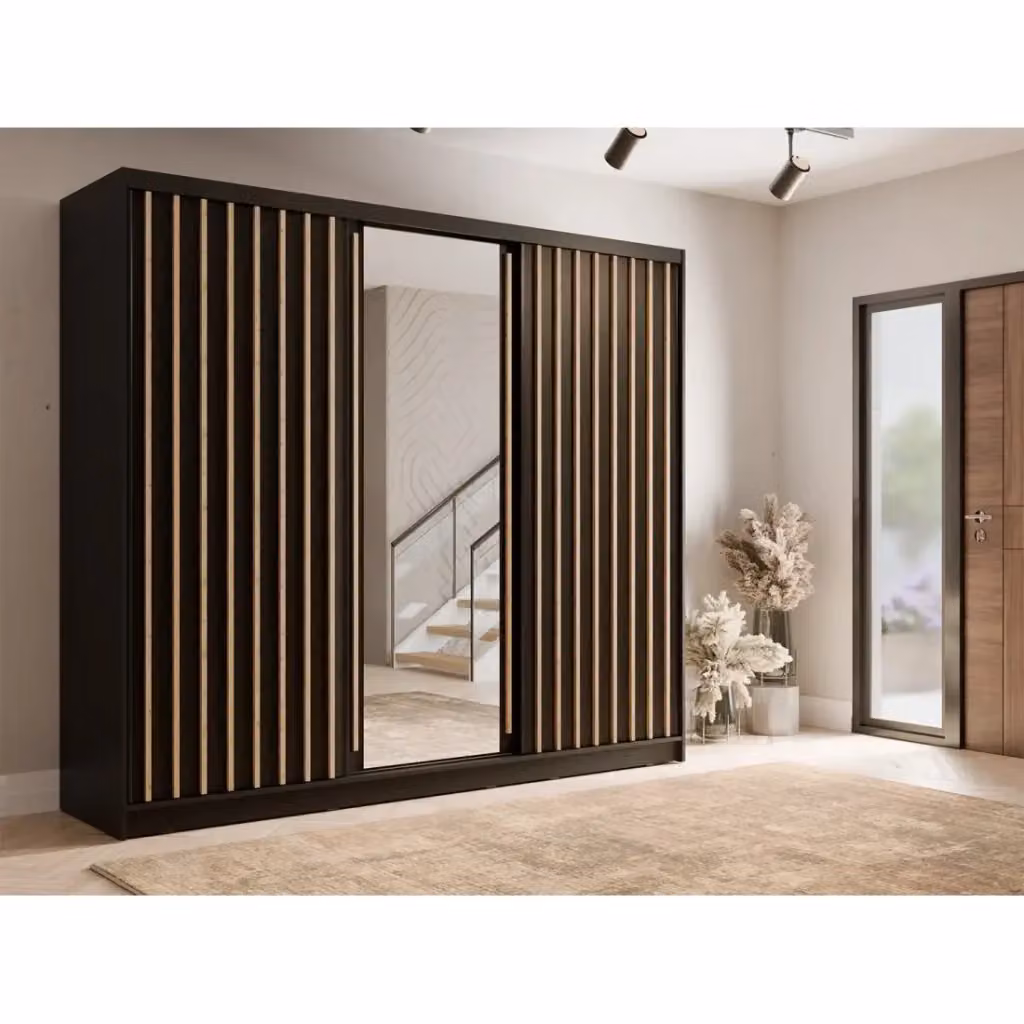 Armadio KAZU MEUBLORAMA con 3 ante scorrevoli e specchio, finitura opaca grigio, L: 248 cm, H: 215 cm, P: 62 cm – 2