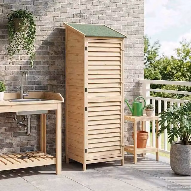 Rimessa Giardino Legno Naturale 59x56x176cm Struttura Robusta per Attrezzi Esterni